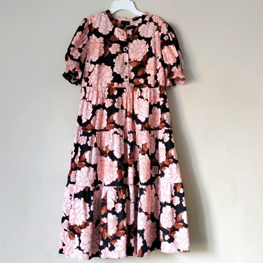 WHO WHAT WHERE Floral Tiered Midi Shirt Dress Short Sleeves Peony